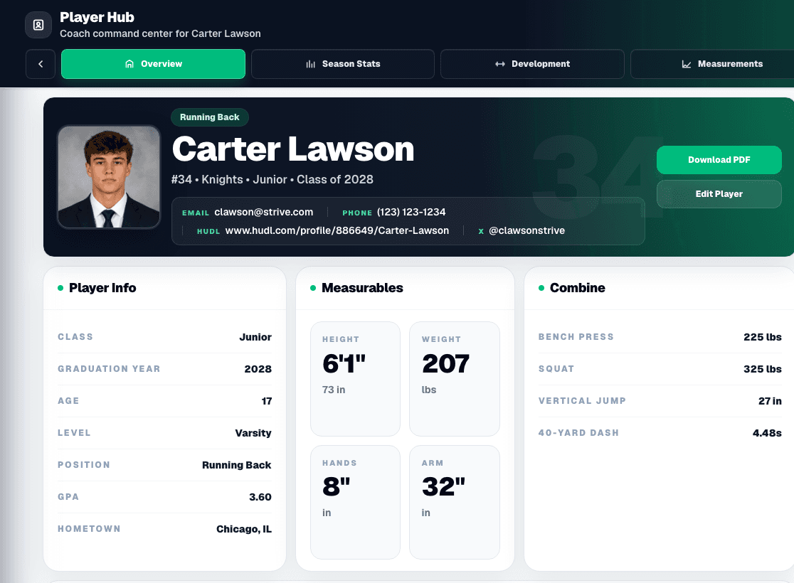 Strive Stats player profile with season production and recruiting snapshot sections.