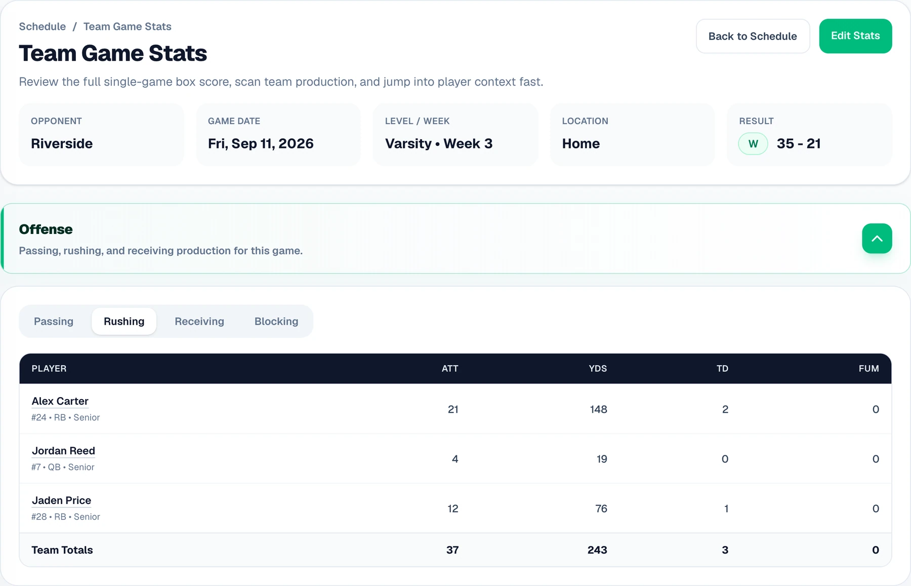 Detail preview: Strive Team Game Stats showing a game result and a populated rushing box score. Demo data.