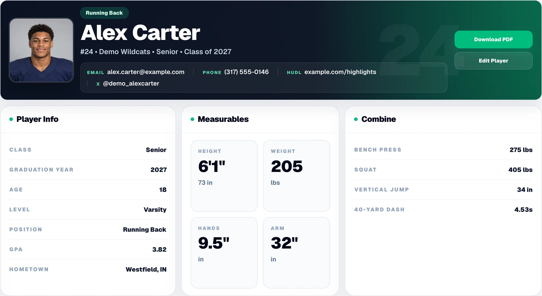 Detail preview: Strive player profile for fictional Alex Carter, including his headshot, player context and measurables. Demo data.